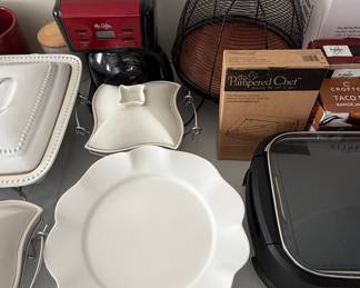 Mr. Coffee Coffee Maker and White Ceramic Serving Dishes (Ruffled, Beaded, and Square Accent)