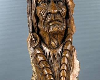 Hand Carved Wood Sculpture Of Native American Man, Signed Willard Morin 76, Approx 22” x 5” x 5” 
