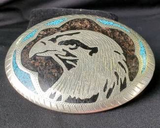Turquoise Inlaid Eagle Belt Buckle, 3" x 4"
