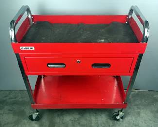 US General Rolling Cart With Single Drawer and Lower Shelf, Approx 35” x 30.5” x 16”, Contents Include Staggered Tooth Keyseat Cutter, Assorted End Mills And More