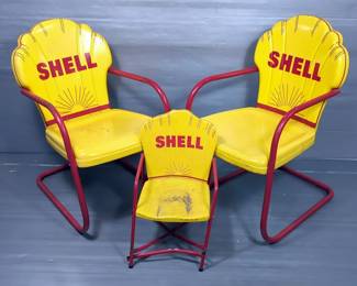 Shell Oil Metal Outdoor Chairs, Qty 2, 34" Tall and Matching Kids Chair, 21.5" Tall