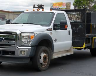 2013 Ford F-450 Super Duty XLT Flatbed Truck, 4WD, 6.7L V8, Miles Showing On Odometer 194,703, VIN# 1FDUF4HT9DEA99878, Missouri Title 