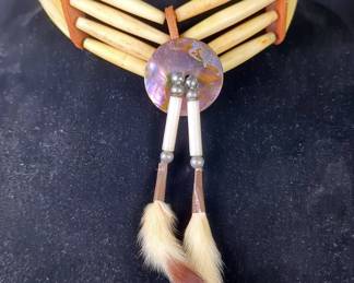 Native American Style Chocker Necklace With Shell And Fur Accents, Approx 2" x 20"