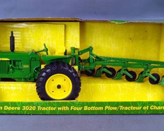 Ertl Die Cast John Deere 3020 Tractor With 4 Bottom Plow, 1/16 Scale, In Original Box 