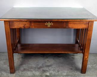 Library Table With Glass Top, Single Drawer And Lower Shelf