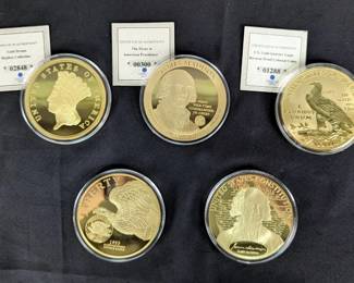 Commemorative 24k Gold Plated Coins Including 1933 Saint-Gaudens Double Eagle, Founding Fathers James Madison, Quarter Eagle and More, Qty 5 