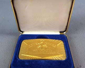 John Deere Limited Edition Belt Buckles, Qty 2, Including 1987 John Deere Buckle Triple Plated With 24k Gold, #4635/6000 and "D" Tractor Buckle, #6969/6000. Both In Hard Cases