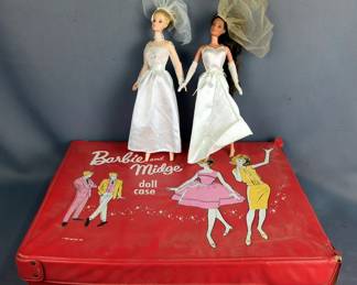 Barbie Bridal Dolls Qty 2, With Barbie And Midge Vinyl Doll Case 