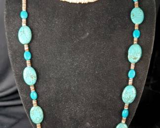 Puka Shell Choker, 16", And Southwestern-Style Turquoise And Shell Necklace, Approx 33" 