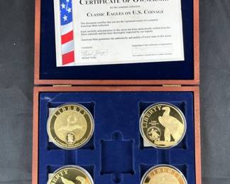 American Mint Classic Eagles On US Coinage Commemorative Coins, With COAs, In Wood Display Case