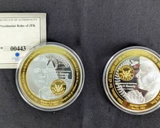 Presidential Roles Of JFK Gold and Silver Plated Commemorative Coins, Qty 2, One With COA, Cases Are Broken 