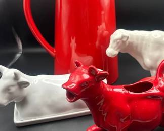 Red Pitcher And Cow Butter Dish,creamer And Candle Holder