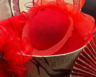 Hat Box And Red Hat,fan, Scarf Clip On Flower