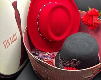 Hat Box With 2 Hats And Costume Bracelets And Pins