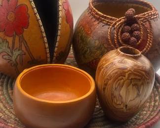 Woven Wall Decor, Wood Vase Small Bowl, 2 Handcrafted Leather Decor