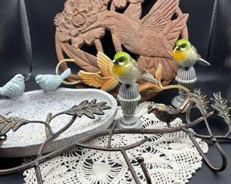 Metal And Stone Lot Of Outdoor Bird Decor
