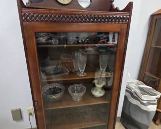 Glass front display cabinet, glassware, clock