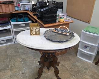 Storage drawers, Oval marble top table, misc...