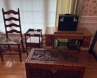 Singer Treadle machine, carved hope chest (Featherweight and carved chest are not available)