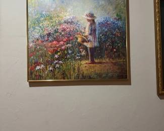 Cha H. Yong Floral Girl Painting — This charming painting by Cha H. Yong depicts a young girl standing in a lush, colorful flower garden, skillfully rendered with a soft impressionistic style. The artwork is framed in a slender gold frame that complements the vibrant floral colors and serene ambiance. Measuring approximately 22.25 inches in height and 26.5 inches in width, it makes a lovely addition to any art collection or home decor. The painting and frame are in good condition with minor expected wear, showcasing the artist's signature prominently. This piece captures a timeless, peaceful moment and reflects the artist's delicate touch and use of color.