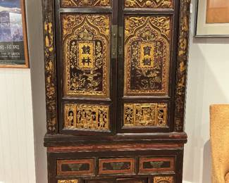 Intricately Hand-carved Chinese Wedding Cabinet Red and Gold Armoire