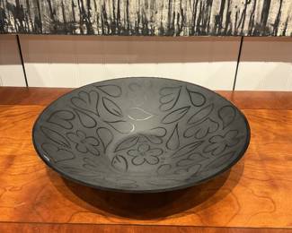 Frosted Black Glass Accent Platter with Abstract Flower, Petal and Leaf Designs