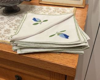 Mid-Century Modern Blue Flower Bud Embroidered Linen Napkins