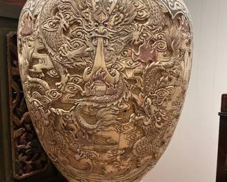 Tall Asian Carved Tessellated Ivory Bone Floor Vase