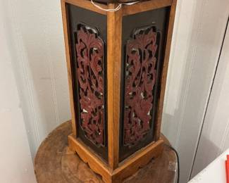 Pagoda Style Wooden Lamp with Filigree Side Panels