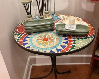 Colorful Tile Mosaic Top Outdoor Table Tripod Iron Base