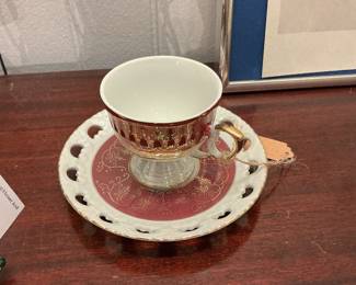Small Red and Gold Teacup with Saucer