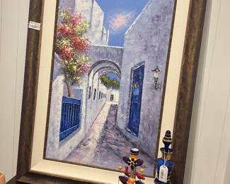 Framed White and Blue Grecian Walkway Art Piece