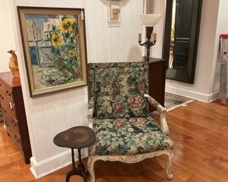 French Provencial Style Carved Bergiere Chair with Floral Vendure Tapestry
