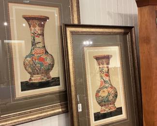 Pair of Framed Illustrations of Asian Porcelain Flower Vases