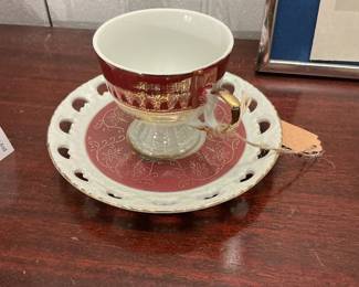 Small Red and Gold Teacup with Saucer