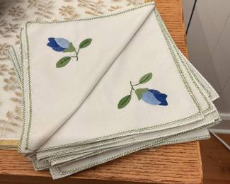 Mid-Century Modern Blue Flower Bud Embroidered Linen Napkins