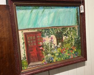 Framed Colorful Original Oil Painting Cottage and Flower Garden