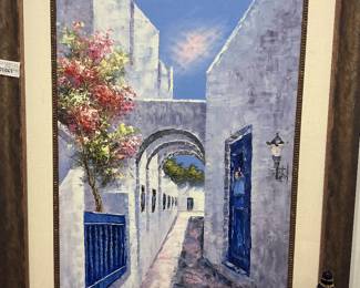 Framed White and Blue Grecian Walkway Art Piece