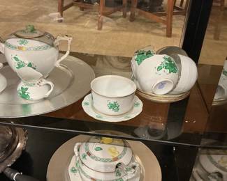 Herend-Hungary Hand-painted Green & Gold Fine China Tea Service