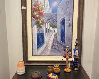 Framed White and Blue Grecian Walkway Art Piece