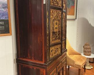Intricately Hand-carved Chinese Wedding Cabinet Red and Gold Armoire
