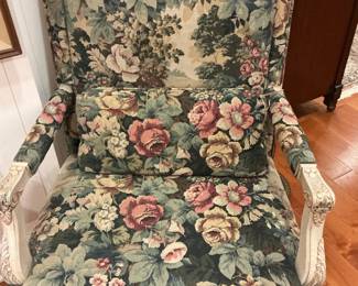 French Provencial Style Carved Bergiere Chair with Floral Vendure Tapestry