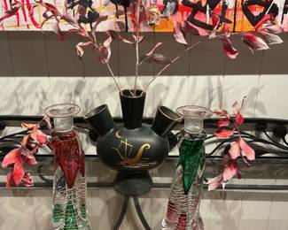 Grecian Inspired Three-Part Gold and Black Flower Vase with Murano Candlestick Holders