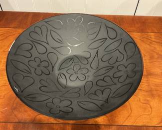 Frosted Black Glass Accent Platter with Abstract Flower, Petal and Leaf Designs