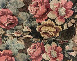 French Provencial Style Carved Bergiere Chair with Floral Vendure Tapestry
