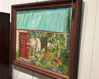 Framed Colorful Original Oil Painting Cottage and Flower Garden