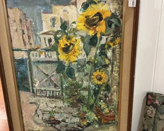 Framed Mid-Century MCM Sunflower City Scene Painting
