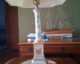 Vintage Victorian dresden porcelain candlestick lamp.  Exquisite Robin egg blue.  Needs a new shade.  Valued at 700 asking 300. 