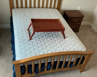 Full Size Wood Bed With Mattress Nightstand and Bed Tray