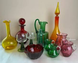 Colorful Art Glass Decanters, Pitchers and Vases